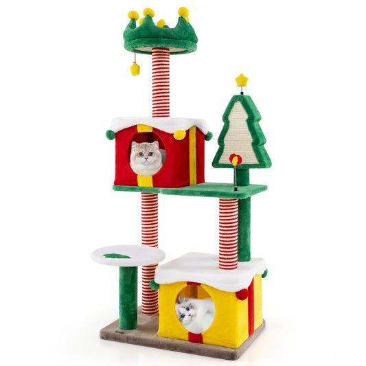 PETSITE 61 inch Christmas-Themed Cat Tree, Multi-Level Cat Tower with Sisal Scratching Posts, 2 Gift Box-Shaped Cat Condos, Hanging Teasing Ball, and Spring Toys, Cute Cat Tree Tower for Indoor Cats