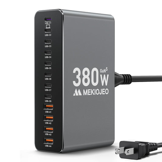 12 Ports Aluminum Alloy 380W Charging Station Fast USB C Charger Block 65W Laptop GaN Charger for MacBook Pro/Air/iPad Pro/iPhone (Gray)