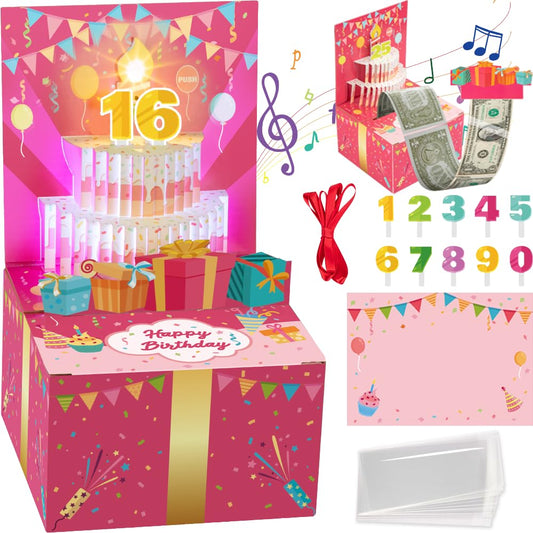 Surprise Musical Pop Up Birthday Card, Money Roll Pull Box, Cash Gift Box for Women, Girls