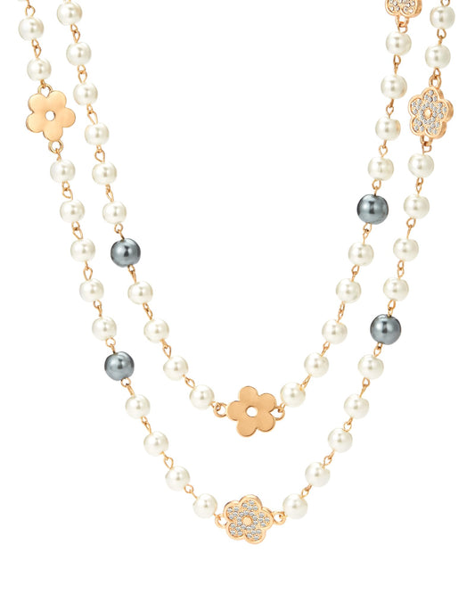 IDOKAWA 8MM Round Simulated Shell Pearl Strand Layered Necklace for Women, Dainty Multiple Strands Long Necklace for Party, Vintage Costume Jewelry