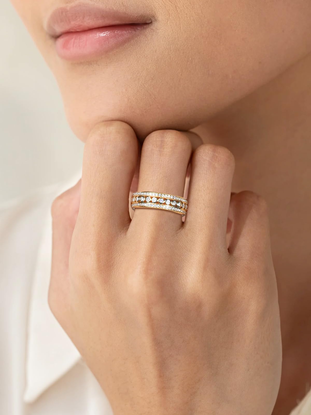Frbod Womens Moissanite Ring Wide Diamond Row Rings Bezel Moissanite Gold Plated Bands Gifts for Wife Men Size 8