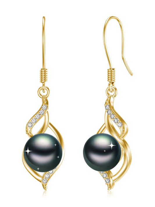 KANNSOAR 7MM Tahitian Black Pearl Dangle Drop Earrings, 18K Gold Plated Sterling Silver Everyday Earrings for Women Wife Girlfriend Hypoallergenic Jewelry Gift for Anniversary Birthday Christmas