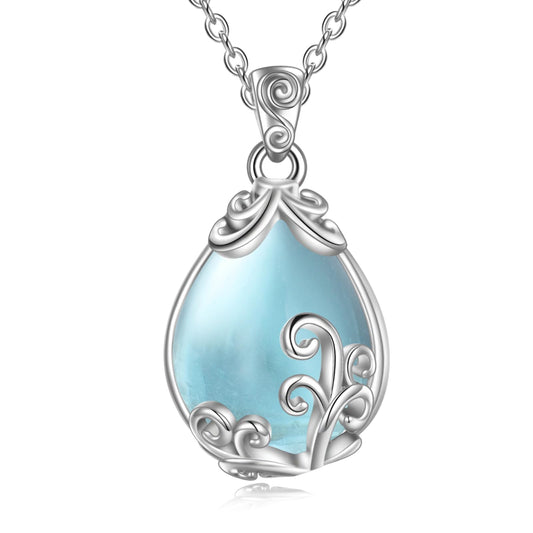 POPLYKE Sterling Silver Aquamarine Filigree Teardrop Pendant Necklace Gemstone Crystal Jewelry for Women