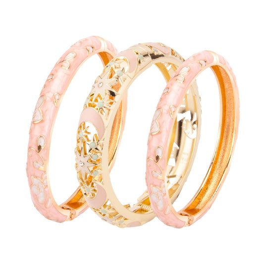 UJOY Womens Multi-Colors Cloisonne Bracelet Gold Plated Moon Star Enameled Hinged Cuff Bangles Jewelry Gift 88A-3PC Pink