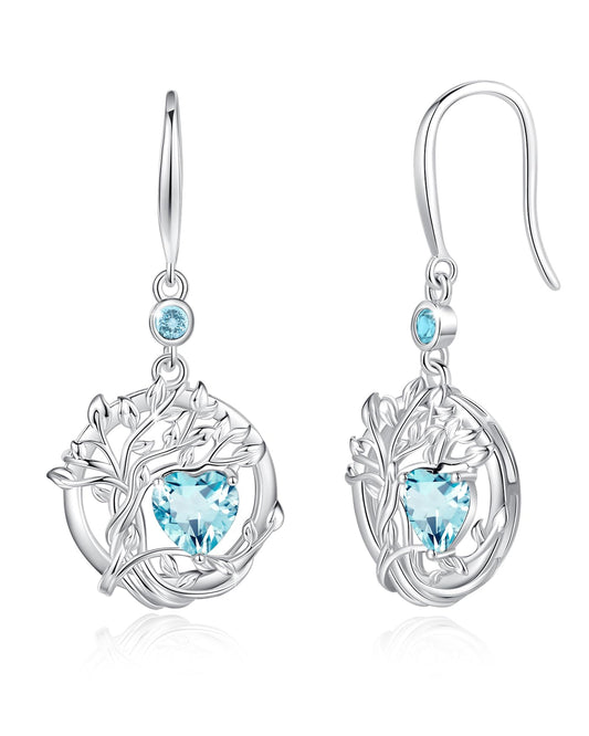 FANCIME Tree of Life Earrings 925 Sterling Silver Dainty Blue Aquamarine Dangle Drop Gemstone Earring March Birthstone Fine Jewelry Birthday Mothers Day Gifts for Wife Her Women