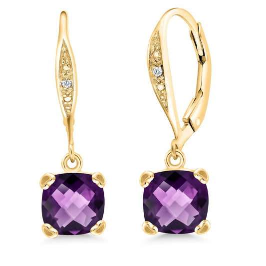 Gem Stone King Drop Dangle Earrings For Women | 7MM Cushion Cut Gemstone Birthstone and Diamond | 925 Sterling Silver | Jewelry Gift for Mom Wife Her | Amethyst-Checkerboard-February | Yellow Gold