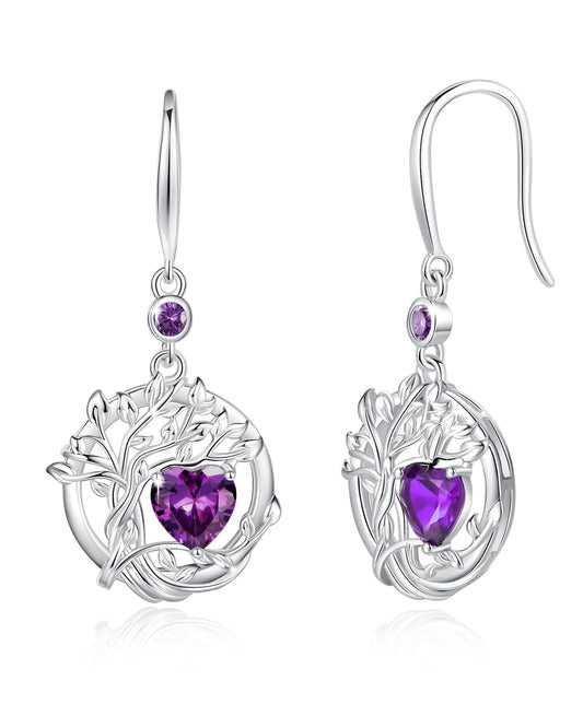 FANCIME Tree of Life Earrings 925 Sterling Silver Dainty Purple Amethyst Dangle Drop Gemstone Earring February Birthstone Fine Jewelry Birthday Mothers Day Gifts for Women Her