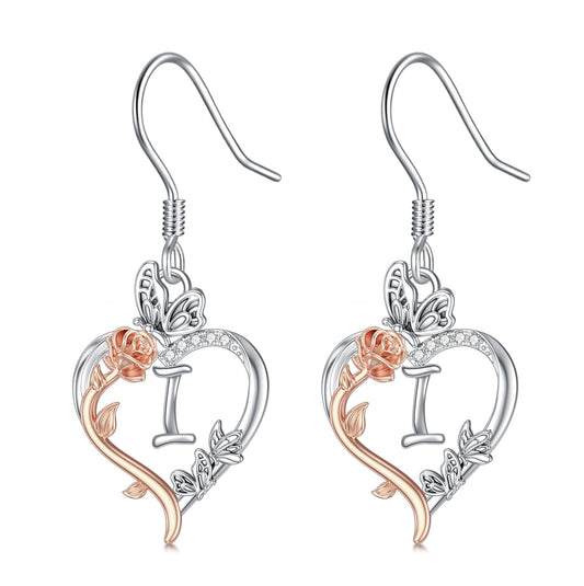 TOUPOP Rose Heart Initial Earrings Sterling Silver Butterfly Earring Initial I Letter Drop Dangle Earrings Jewelry Anniversary Birthday Mothers Day Gifts for Women Mom Wife Girlfriend Her