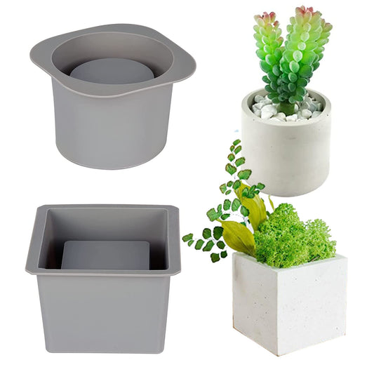 Yayatty Flowerpot Silicone Molds, 2 PCS Silicone Molds for Concrete Flower Pots, Square and Round Double-Layer Design Concrete Pot Molds for DIY Homemade Succulent Planters Gardening Pots