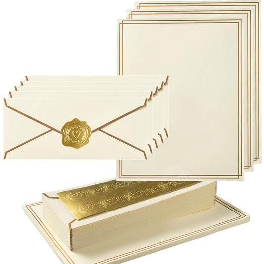 Topeen 50 Pack Stationery Set with Gold Border, #10 Business Envelopes and 8.5x11 Paper Sheets and Stickers for Writing Letters (Cream Color, 8.5x11 Inches)