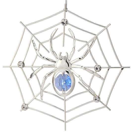 Matashi Silver Plated Christmas Tree Spider Ornament w Blue, Clear Crystals Lucky Hanging Decoration, Holiday Ornament Gift, Unique Spider Decor for Christmas & Halloween Party w Tinsel Legend Story