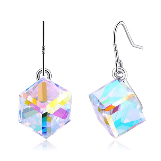 PLATO H S925 Sterling Silver Aurora Cube Earrings Crystals for Women with Exquisite Unique Gift Box Dainty Jewelry for Anniversary Valentine's Mother's Day