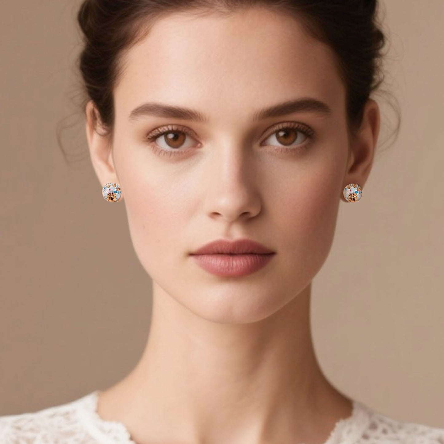 Multicolored Austrian Crystal Rhinestone Stud Earrings for Women Fashion S925 Sterling Silver Hypoallergenic Jewelry (Golden Main Crystal/Rose Gold-tone)