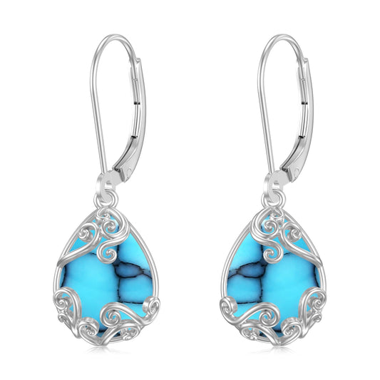 KoyeKei Turquoise Filigree Leverback Earrings for Women 925 Sterling Silver Turquoise Teardrop Dangle Drop Earrings Filigree Jewelry Anniversary Graduation Gifts for Wife Her Girlfriend
