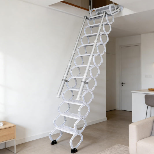 12 Steps Wall-Mounted Folding Stairs for Attic, Attic Ladder Pull Down System with Retractable Handrail& Pull Rod, Anti-Slip Steps, Attic Stairs for Home (White, 9.6-10ft)
