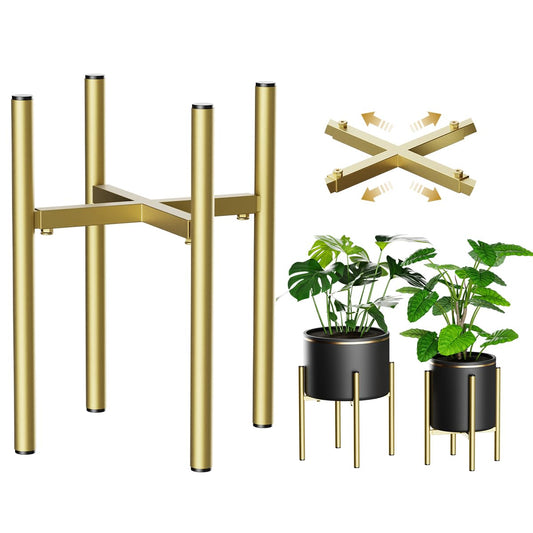 H HOMEXIN Adjustable Plant Stand Indoor, Metal Plant Stand 8 to 12 Inches, Single Floor Plant Pot Stand Mid Century Plant Holder for Indoor Outdoor Plants - Gold (Pot Not Include