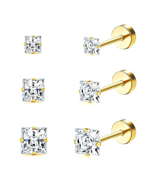 Princess Cut Square CZ Stud Earrings Flat Back, Screw Back Small Gold Clear Cubic Zirconia Studs Earrings Set for Women Men, Pack of 3 Pairs (3mm 4mm 5mm)