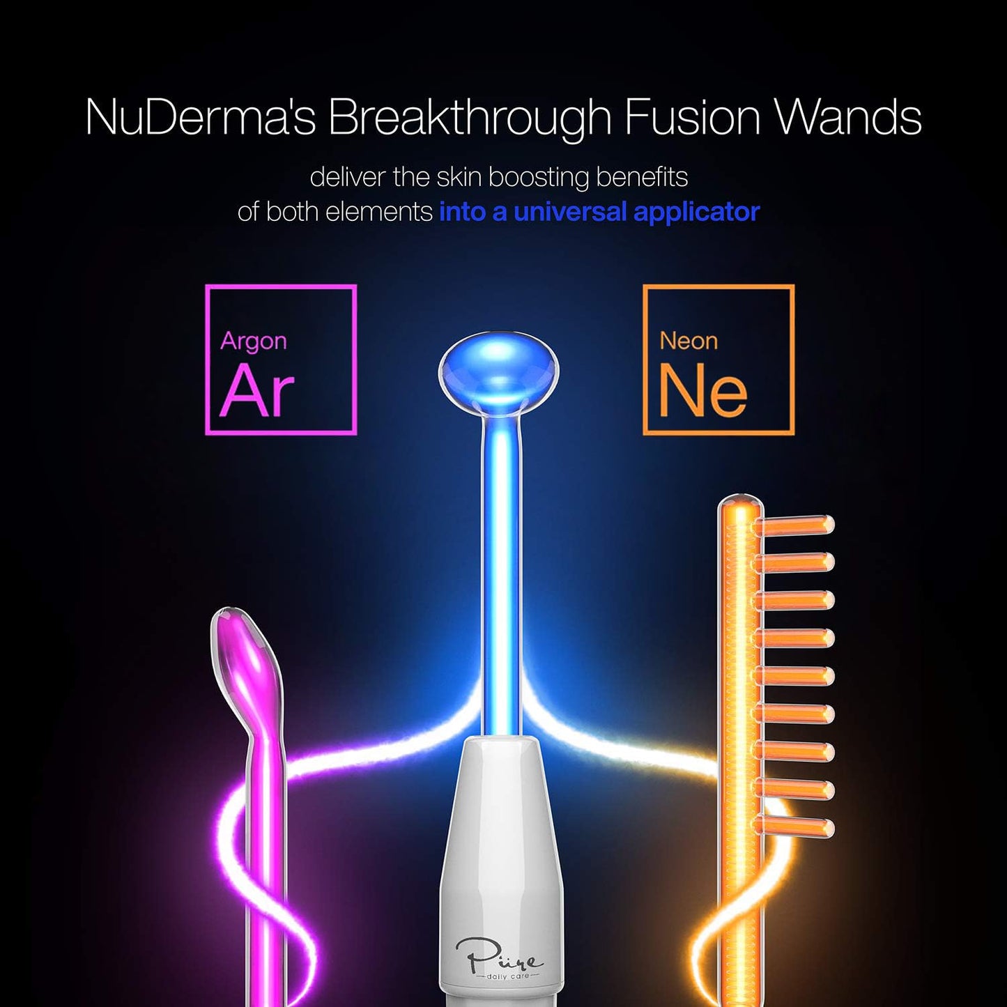 Pure Daily Care NuDerma Clinical Portable Skin Therapy Wand, Machine with 6 Fusion Neon + Argon Wands – Anti Aging - Clarifying - Skin Tightening & Radiance - Wrinkle Reducing