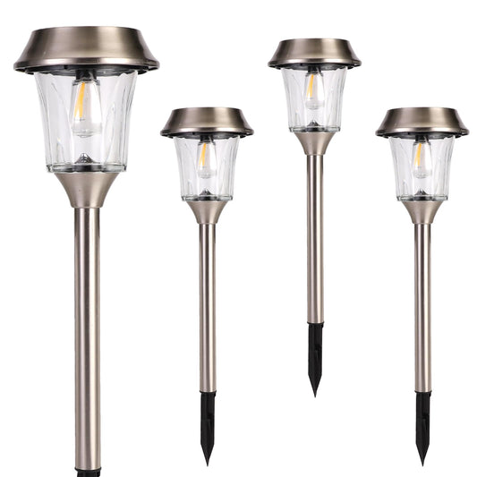 Solar Pathway Lights Outdoor 4 Pack, Stainless Steel & Glass Solar Garden Lights, Auto Dusk to Dawn IP65 Waterproof LED Path Lights for Yard, Lawn, Walkway, Driveway