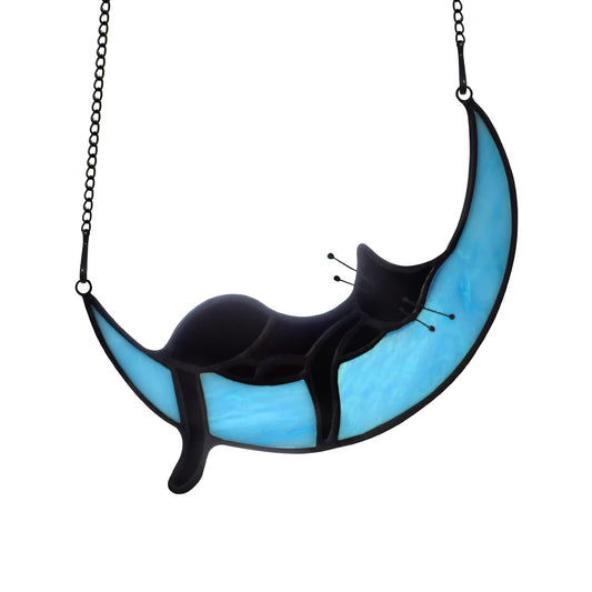 BOXCASA Black Cat on Moon Stained Glass Witchy Gifts for Women - Indoor Suncatchers for Windows Hanging,Christmas for Cat Lovers (with Suction Cups and Chains)