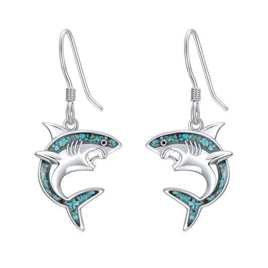 HPQQ Shark Earrings 925 Sterling Silver Turquoise Shark Dangle Earrings Ocean Beach Themed Jewelry Mother's Day Jewelry Gifts for Women