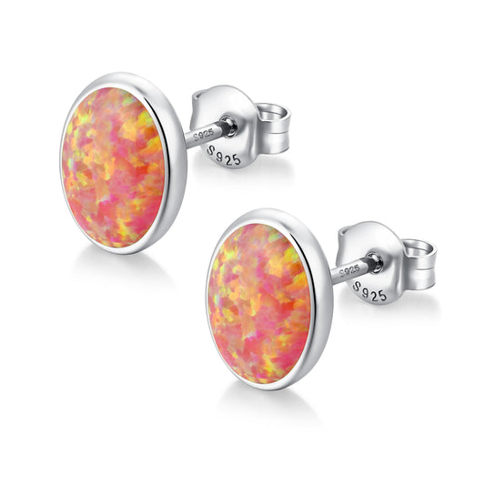 JiayangJY Silver Red Fire Opal Stud Earrings for Women Sterling Silver Oval Shape 6mm Opal Earrings with Push Back