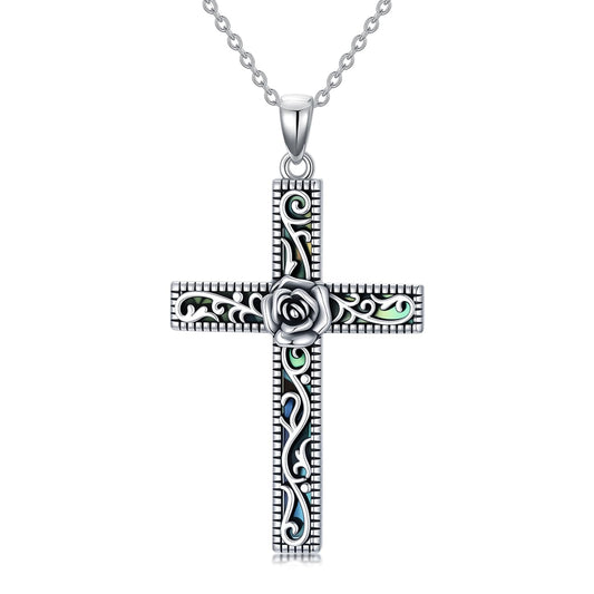 KoyeKei Rose Cross Necklace for Women 925 Sterling Silver Rose Flower Necklaces Pendant Filigree Christian Religious Faith Jewelry Mothers Day Graduation Gifts for Mom Wife Friend