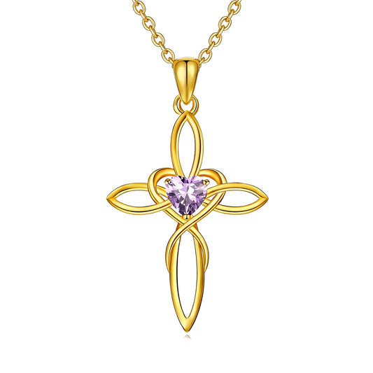 POIUY Celtic Knot Cross Birthstone Necklace for Women 14K Gold Irish Infinity Dainty Heart Pendant Cross Jewelry Anniversary Valentines Birthday Mothers Day Gifts for Mom Wife Her