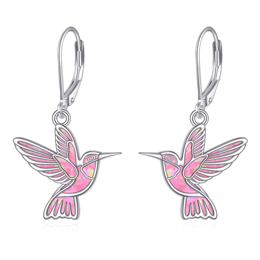 Hummingbird Dangle Earrings 925 Sterling Silver Bird Earrings for Women Bird Earrings (Pink Opal Hummingbird Earrings)