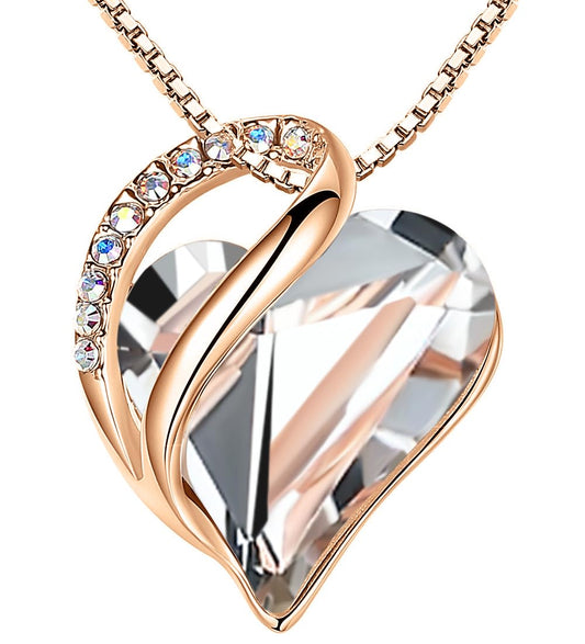 Leafael Gifts for Women Rose Gold Plated Necklaces: Heart Clear White Crystal, April Birthstone, Hypoallergenic Chain (18"+2"), Birthday Jewelry for Mom, Wife, and Girlfriend