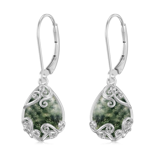 KoyeKei Moss Agate Filigree Leverback Earrings for Women 925 Sterling Silver Moss Agate Teardrop Dangle Drop Earrings Jewelry Filigree Gradution Gifts for Daugther Sister Girlfriend