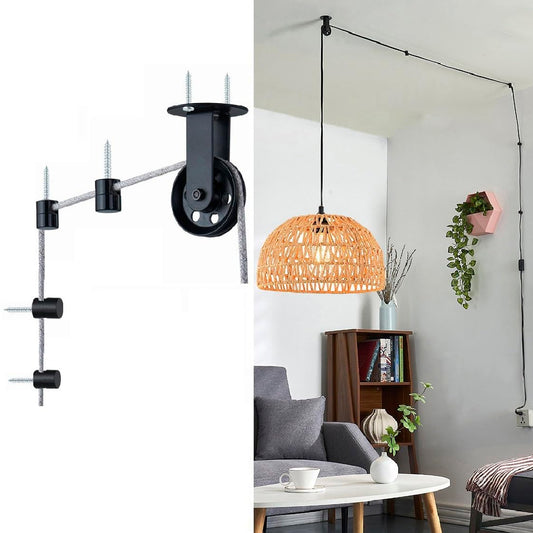 Pulley Wheel for Plug in Pendant Light, Wall Ceiling Mount Pulley for Hanging Lamp, 1 Pack Pulley Wheel and 4 Pack Swag Hooks for Hanging Electric Wire Cable Cord Chandelier Plant Grow Lights (Black)