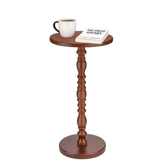 Junistra Solid Wood Round Side Table, Rustic Pedestal Drink Table for Small Spaces, Accent Nightstand Table for Living Room, Bedroom, Corners, and Office, Brown