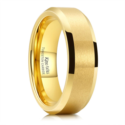 King Will 7mm Basic Tungsten Rings For Men Gold Wedding Band Polished Edge Brushed Matte Promise Ring Comfort Fit (Size 10)