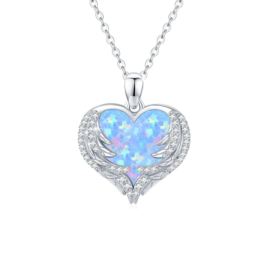 CUOKA MIRACLE Angel Wings Necklace Blue Opal Heart Necklace 925 Sterling Silver Necklace for Women Guardian Angel Wings Pendant Necklace Dainty Opal Jewelry for Women Mom Birthday Gifts
