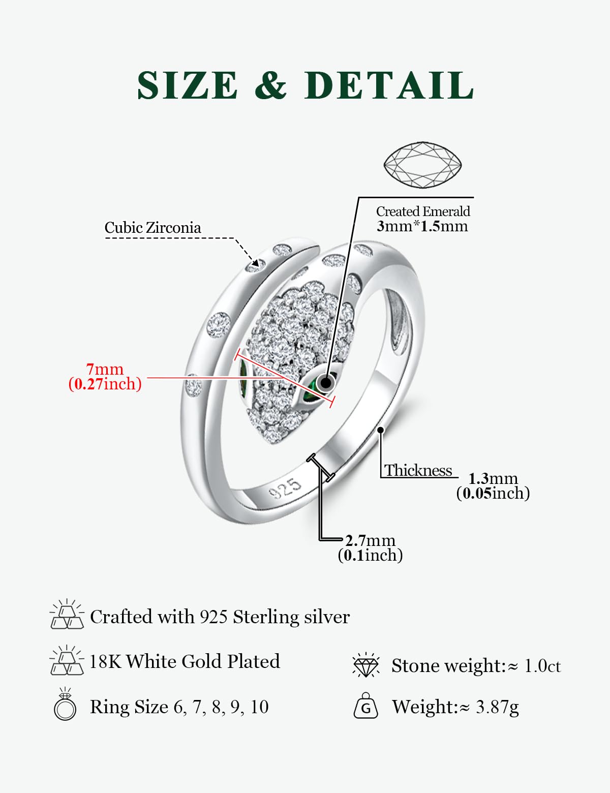 RANDES Womens Snake Ring Open Statement Punk Gothic Jewelry for Men 925 Sterling Silver Cubic Zirconia Cocktail Party Fashion Rings Size 9