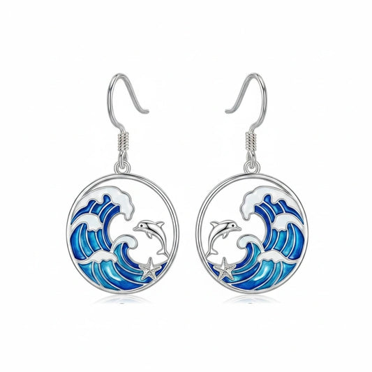 PROESS Dolphin Earrings 925 Sterling Silver Ocean Wave Earrings Beach Jewelry Gift For Women Mother's Day