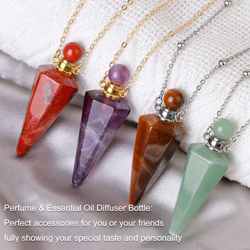 925 Sterling Silver Essential Oil Necklace For Women And Men, Natural Crystal Stone Cone Shape Pendant Necklace Healing Perfume Bottle Necklace Essential Oil Pendant Necklace (5 - Essential Oil Necklace)