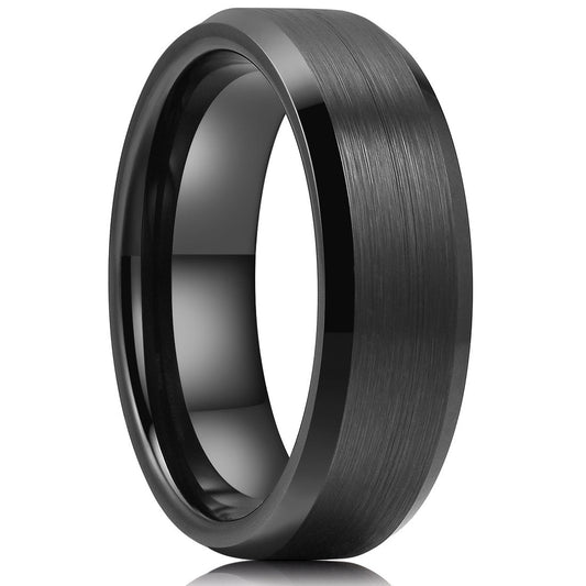 King Will 7mm Men's Black Wedding Ring - Brushed Matte Surface, Beveled Polished Edge, Comfort Fit Size 6
