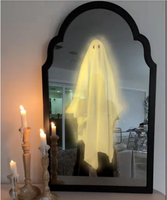 KYWYOYOU 2025 Novelty Ghost Mirror with LED Lights – Scary Holographic Mirror with Haunted Ghost Figure, Halloween Indoor Decoration for Bedroom, Bathroom, Fireplace, DIY Wall Decor (Style A-Small)