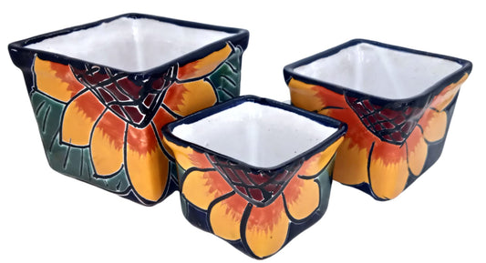 MEXTEQUIL Talavera Hand-Painted Flower Pots (Set of 3) - 2.8" Sunflower Design - Authentic Mexican Pottery Planters for Succulents