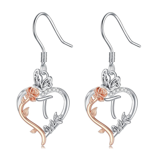 TOUPOP Rose Heart Initial Earrings Sterling Silver Butterfly Earring Initial T Letter Drop Dangle Earrings Jewelry Anniversary Birthday Mothers Day Gifts for Women Mom Wife Girlfriend Her