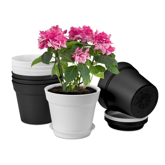 homenote Plant Pots,7.5 Inch Flower Pots for Plants Plastic Planters for Indoor with Multiple Drainage Holes and Trays, for All Home Garden Flowers Succulents,Outdoor(White&Black,8 Pack)