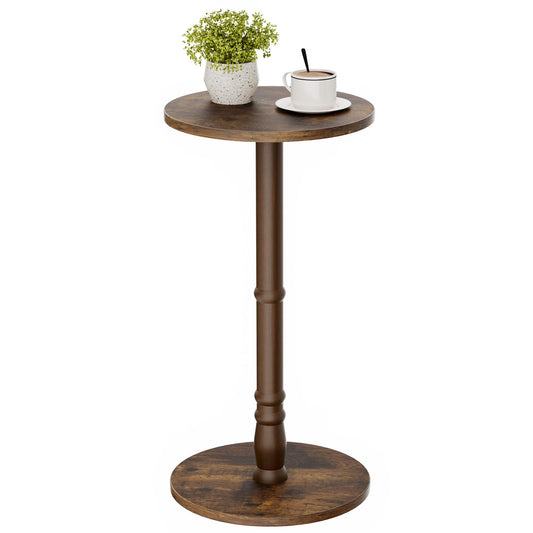 Homleke 12" Round Side Table, Solid Wood Pillar with Wood Top & Base, Small Drink Accent Table for Living Room, Bedroom, Sofa & Office, Easy Assembly, Rustic Brown
