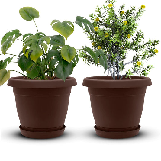 Cubiark Garden 2 pcs 8 Inch Planter Pot with Tray & Drainage, Indoor Plant Pots, Textured Finish, Outdoor Plastic Plant Pot for Porch, Patio, Deck & Balcony (Brown)