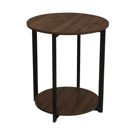 Household Essentials Jamestown Round Side End Table with Storage Shelf Mid Century Walnut Wood Grain and Black Metal