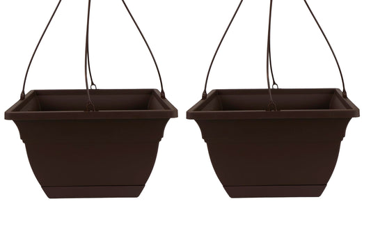 The HC Companies Eclipse Square Hanging Planter for Indoor Plants - Contemporary Hanging Plant Pot w/Attached Saucer - Lightweight & UV-Resistant Hanging Plant Holder (12" Chocolate, Pack of 2)