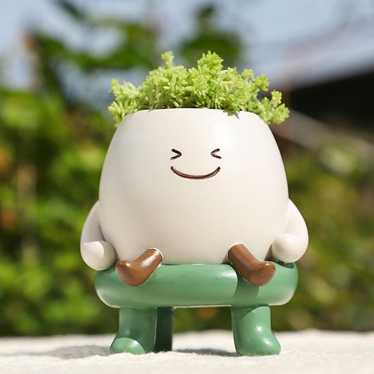 4*3.5 inch Ceramic Super Cute Happy Smiling Face Succulent Planter Pot, Sitting Figure Relax Healing Heart Small Desk Plant Pots, Flower Cactus Indoor Outdoor Garden Decor Drainage Hole-Hapy Happy