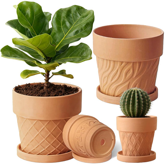 MUZHI 4Sets Round Terracotta Pot with Drainage Tray 6.5” 4.1”, Decorative Breathable Patterned Clay Plant Planter Pot Indoor Outdoor Plants Flowers Succulents Herbs cactus (4 Pack Cylindrical Pots)