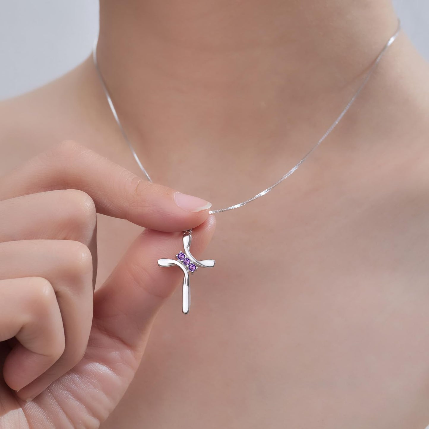 EVERU Amethyst Necklace 925 Sterling Silver,February Birthstone Necklace,Silver Cross Necklaces for Women,Purple Cross Pendant Jewelry Ideal Gift